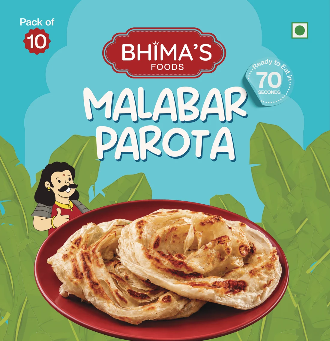 The Malabar Parota pack: the Bhima's logo on a red badge, the name in big white letters, the mascot with a thumbs up beside two parotas on a red plate, among banana leaves