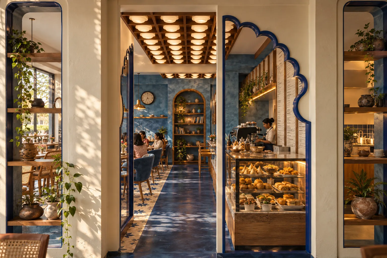 The entrance at golden hour: a scalloped arch frames the pastry counter, with the blue dining room beyond