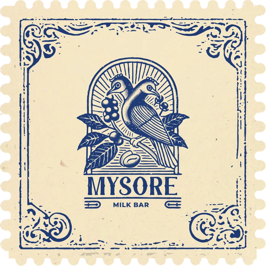 The Mysore Milk Bar stamp, blue on cream