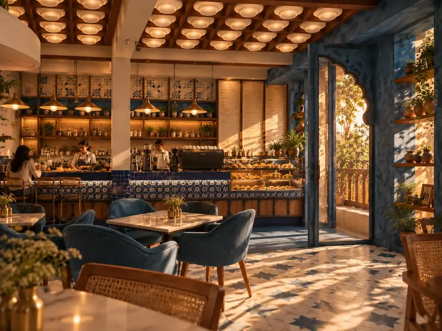 Inside the cafe: the counter, the ceiling and the seating, as designed